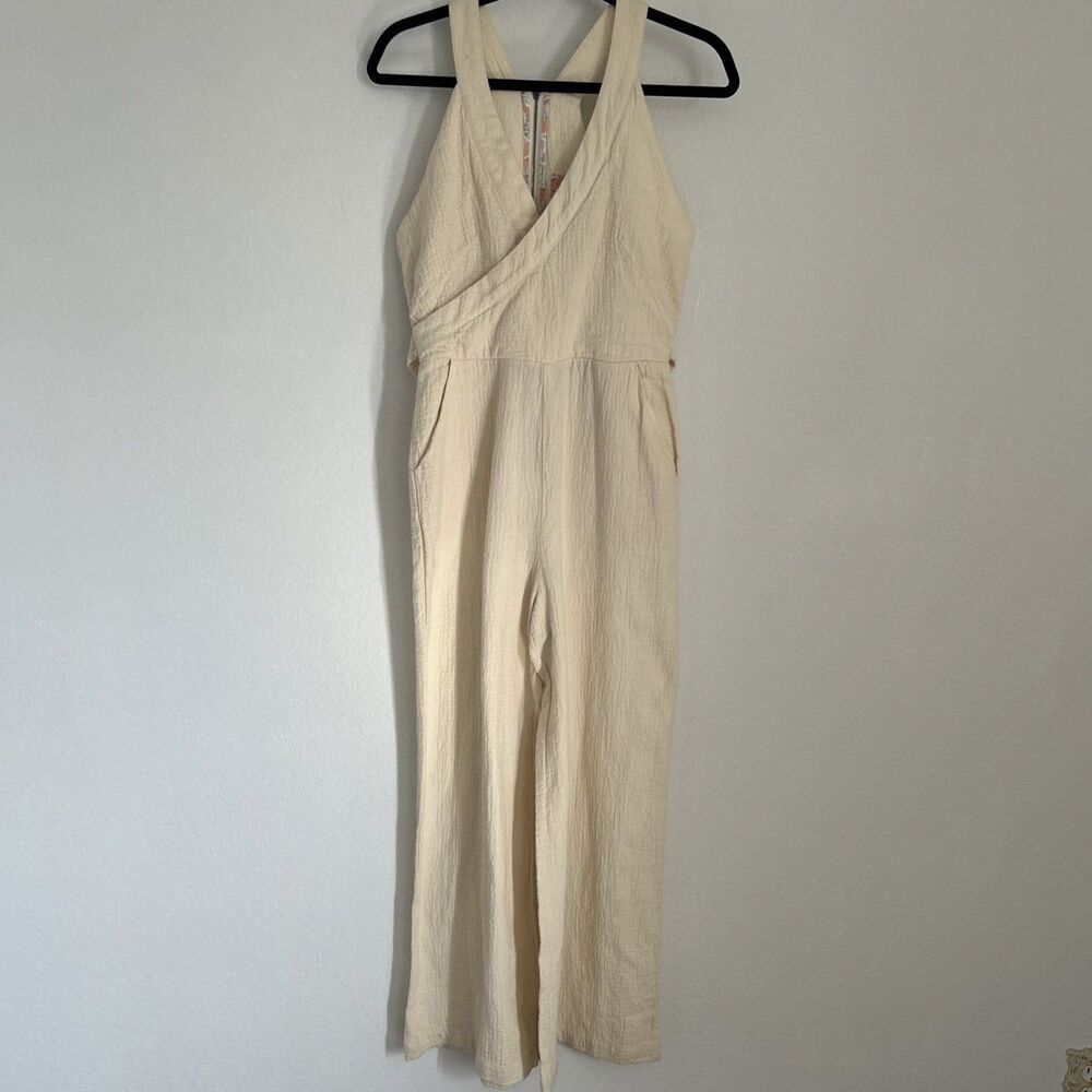 Anthropologie Jumpsuit  Cream Slub Cotton w Sash & Pockets Boho Minimalist Sz 6